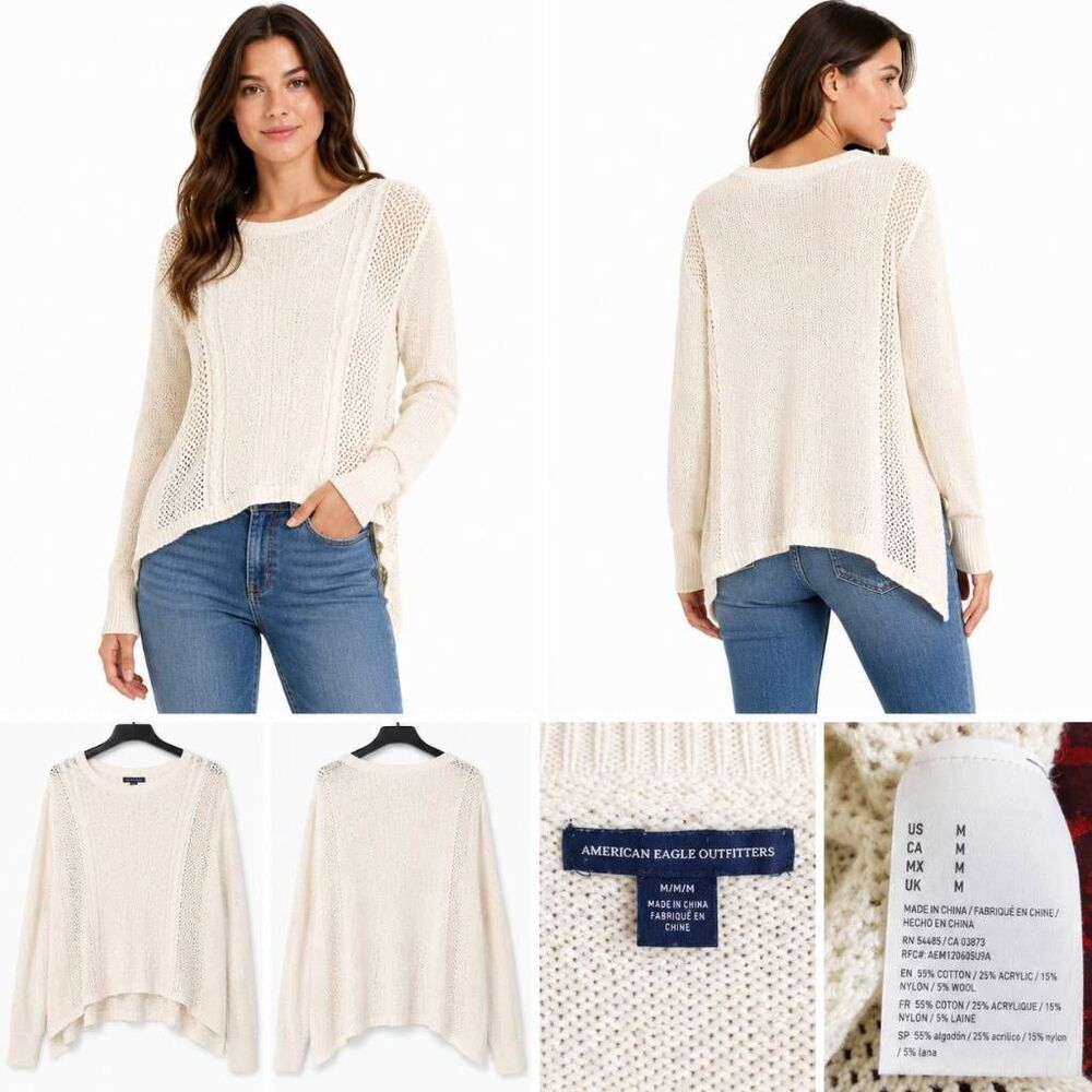 American Eagle Outfitters Women's Cream Sweater M Cable Knit Mesh Panel Long Sle